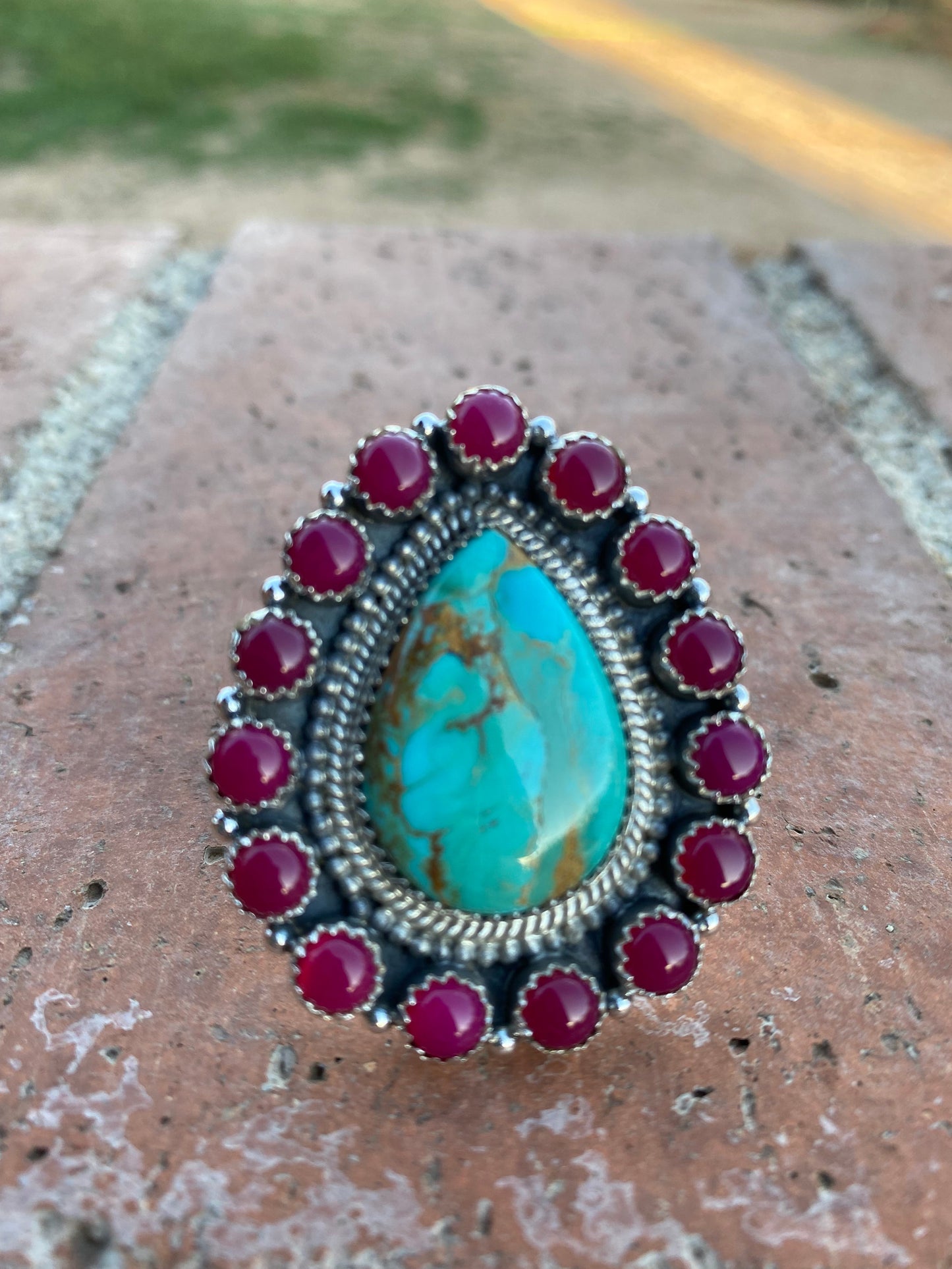 Handmade Royston Turquoise & Pink Onyx Adjustable Ring