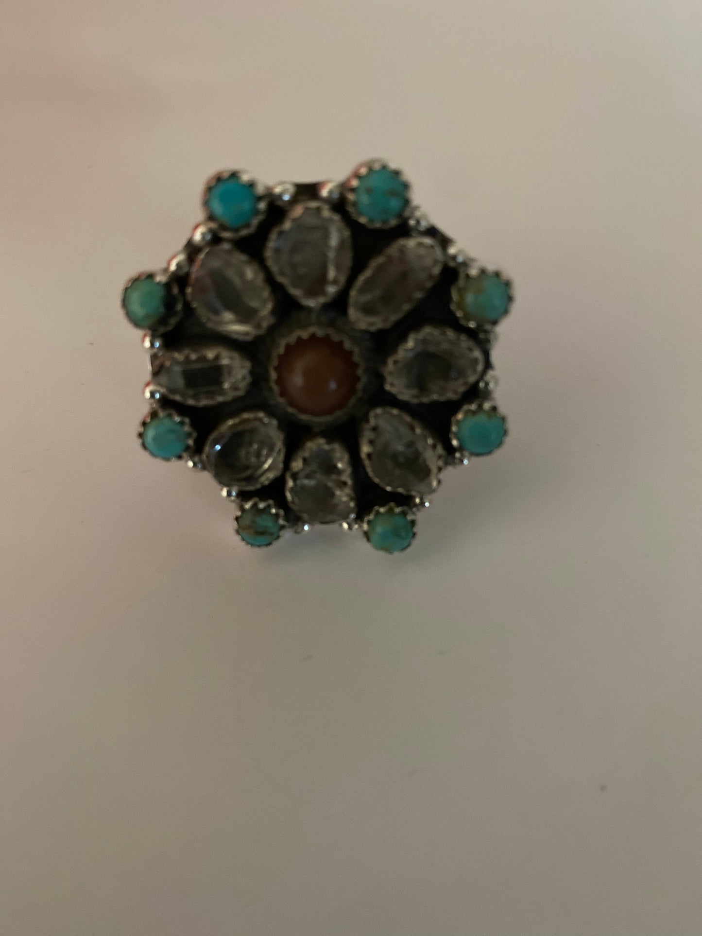 Handmade Garnet Sterling Silver, Turquoise & Herkimer Diamond Cluster Adjustable Ring