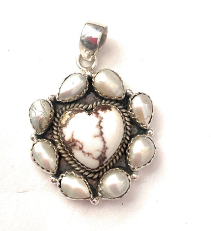 Handmade Sterling Silver, Pearl & Wild Horse Heart Cluster Pendant