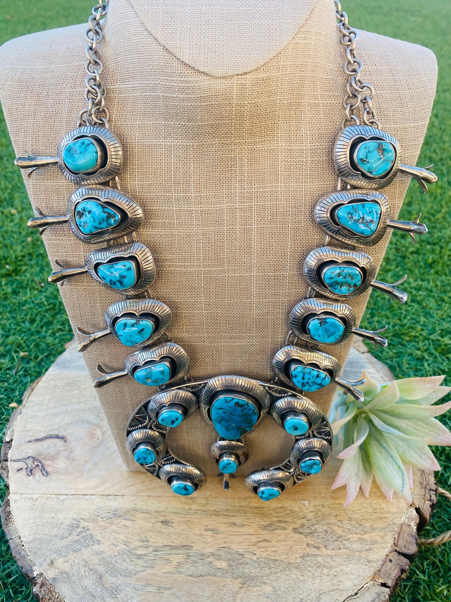 Vintage Navajo Kingman Turquoise & Sterling Silver Squash Blossom Necklace