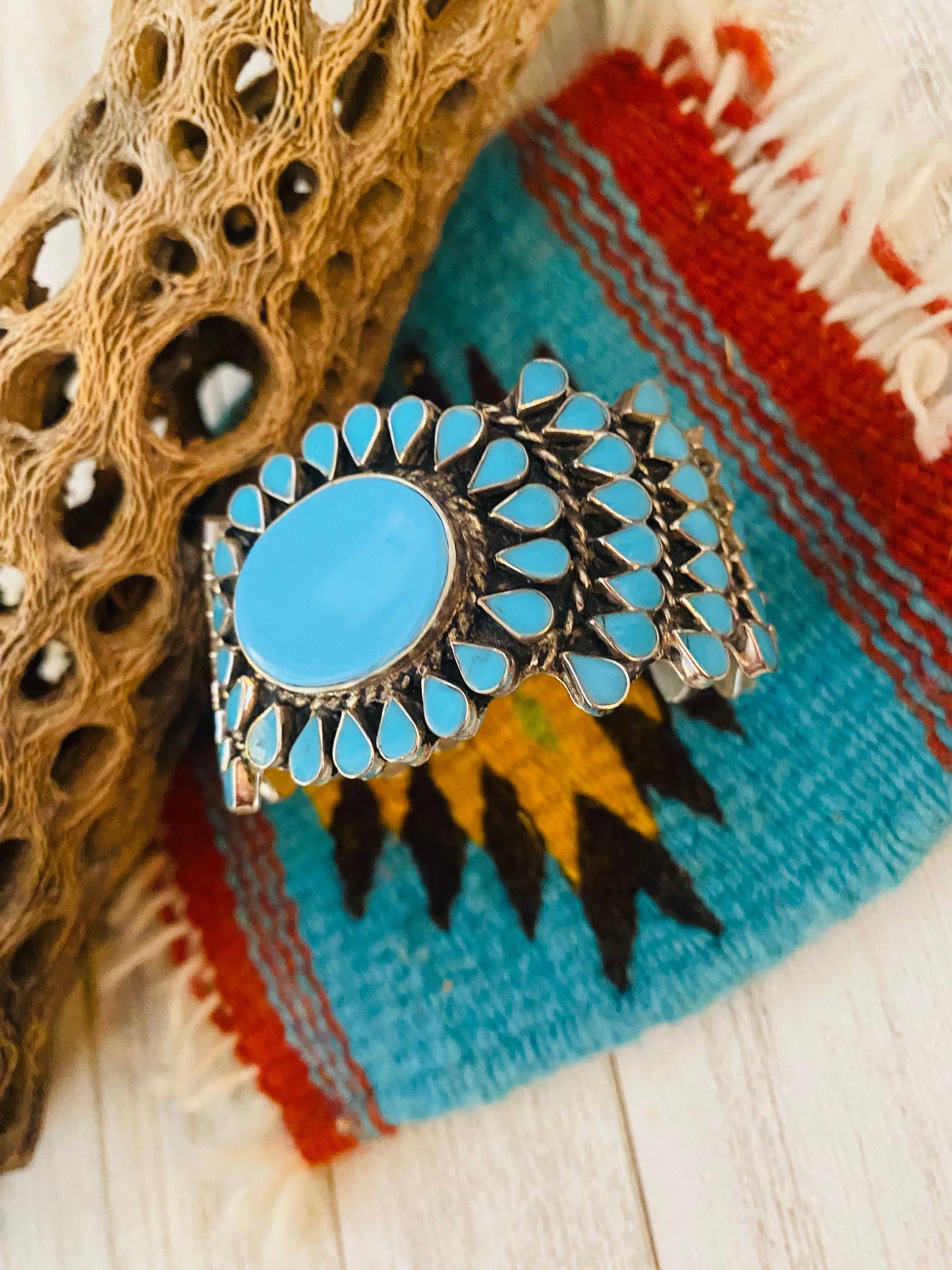 Navajo Old Pawn Vintage Turquoise & Sterling Silver Cluster Cuff Bracelet