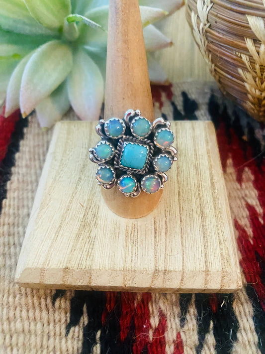 Handmade Sterling Silver, Turquoise & Opal Cluster Adjustable Ring