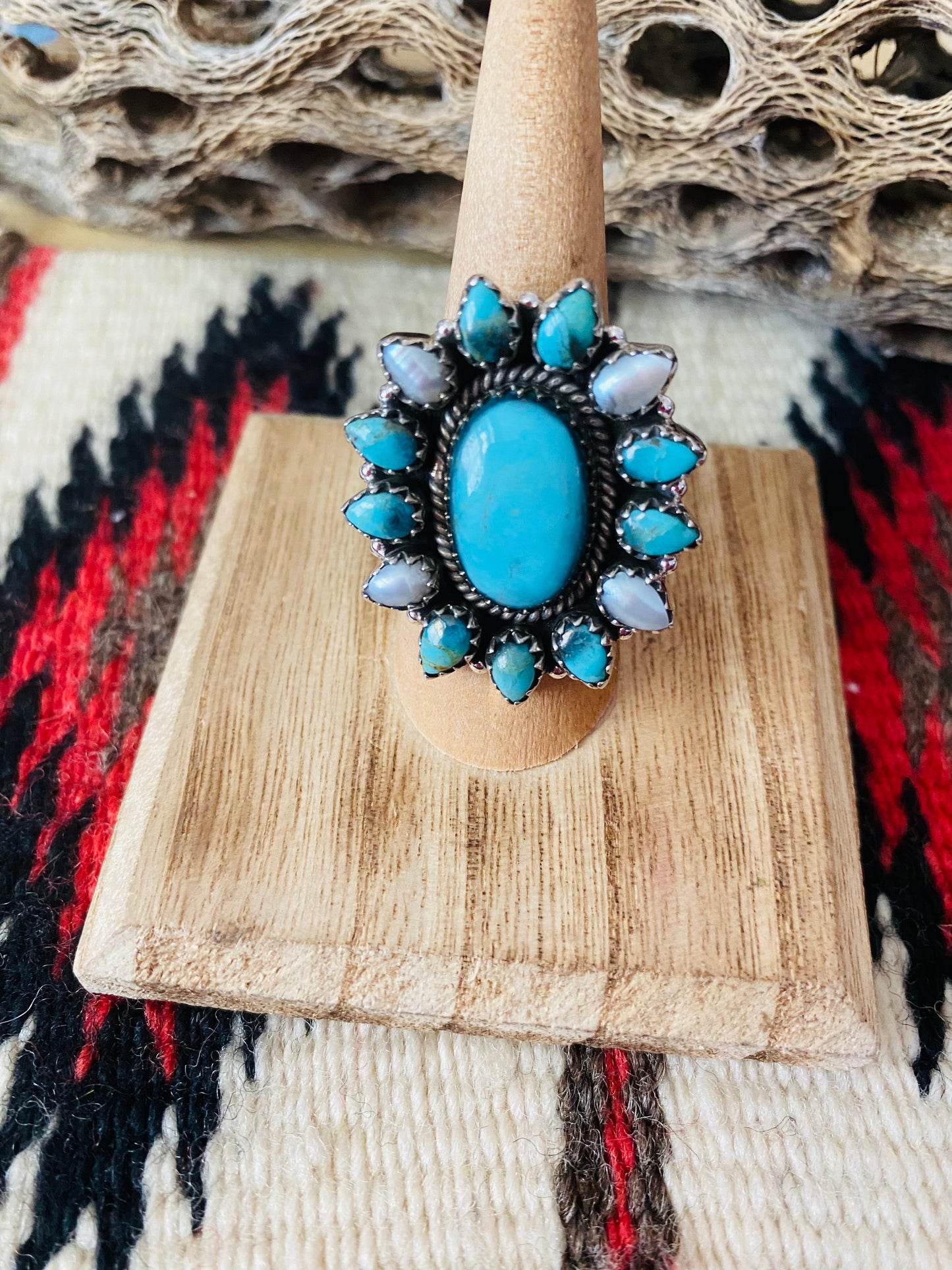 Handmade Sterling Silver, Turquoise & Pearl Cluster Adjustable Ring