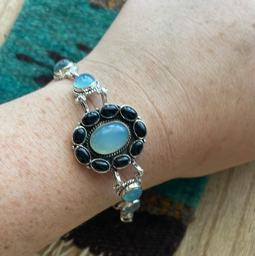 Handmade Sterling Silver, Onyx & Aqua Calcedony Link Bracelet Signed Nizhoni