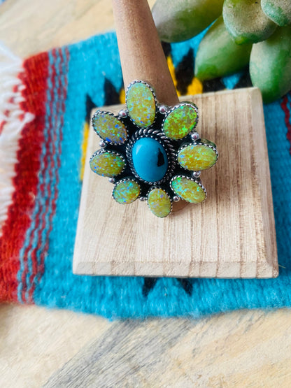 Handmade Sterling Silver, Opal & Turquoise Cluster Adjustable Ring