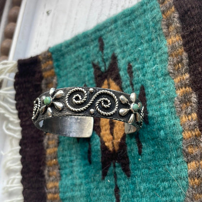 Navajo Sterling Silver & Turquoise Flower Swirl Bracelet Cuff Signed