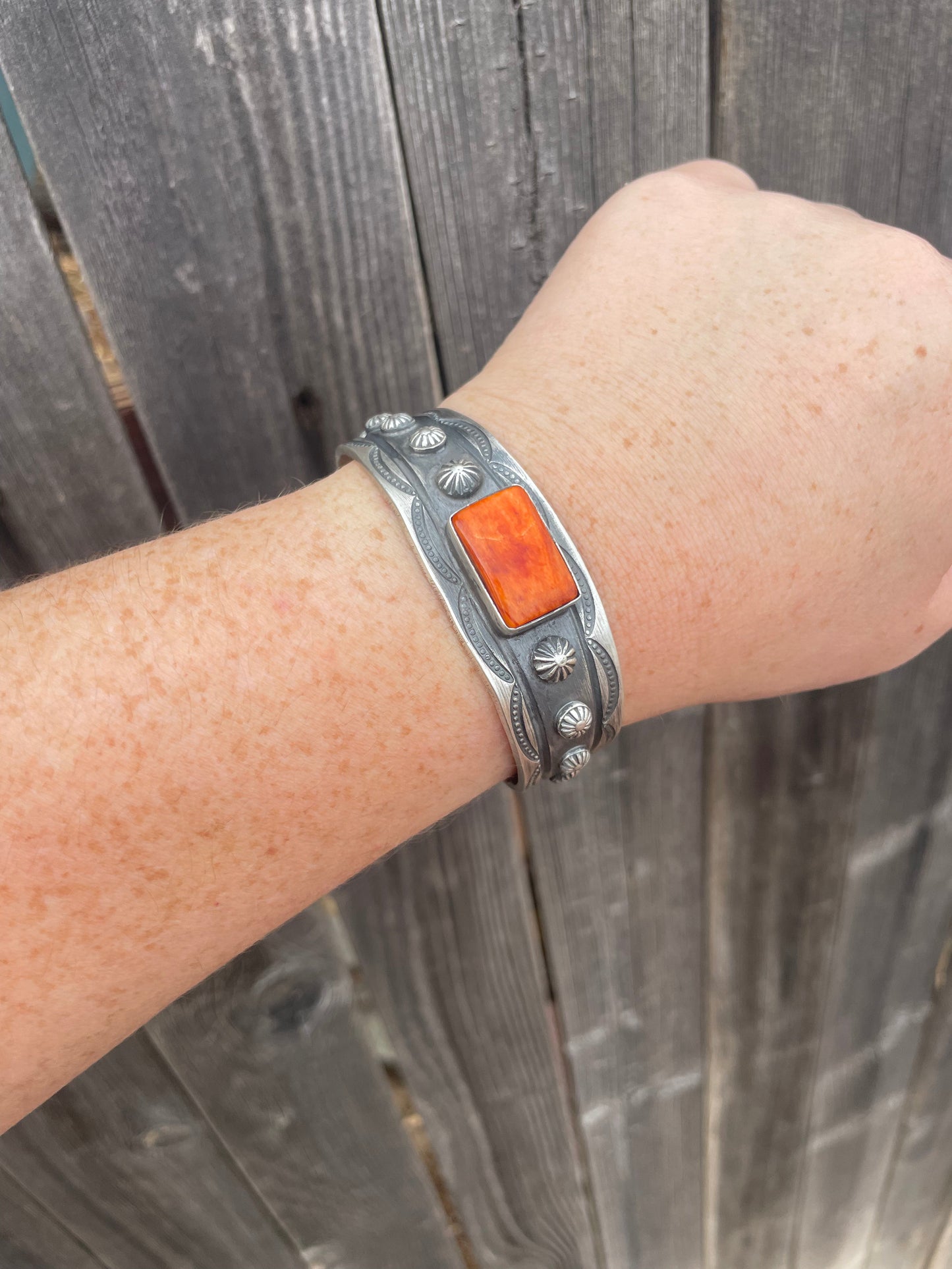 Navajo Sterling Silver & Orange Spiny Cuff Stamped And Signed By Chimney Butte