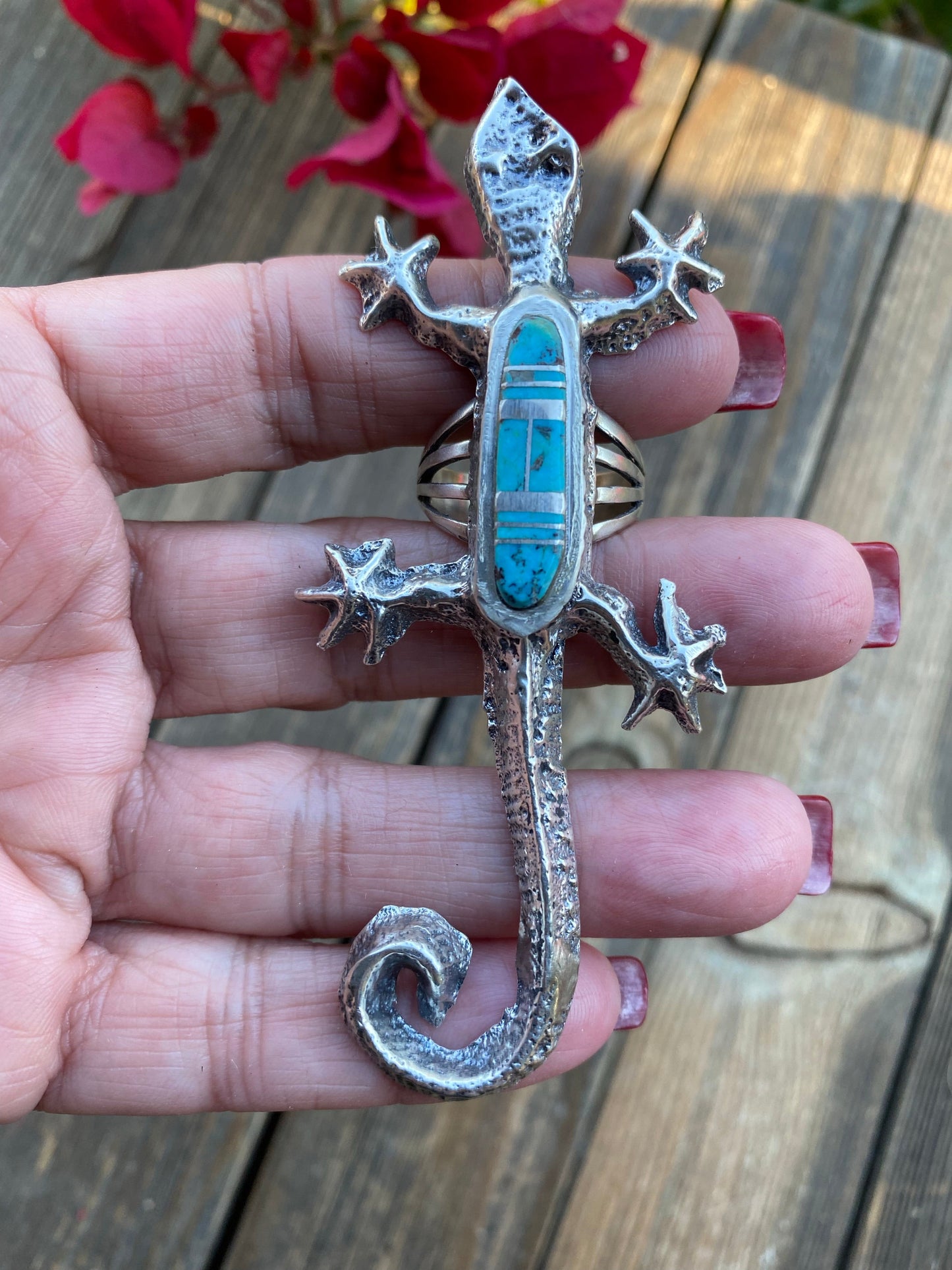 Navajo Turquoise& Sterling Silver Inlay Gecko Ring