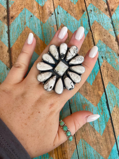 Navajo Sterling Silver & White Buffalo Cluster Adjustable Ring