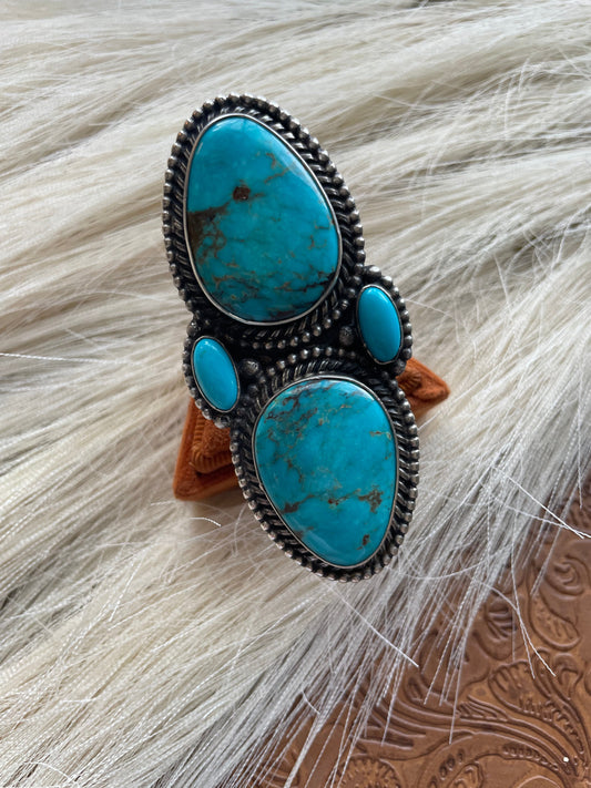 Navajo Sterling Silver And Turquoise Statement Adjustable Ring Signed