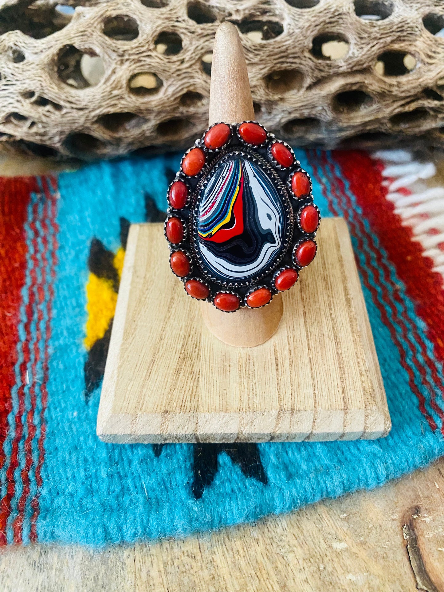 Handmade Sterling Silver, Fordite & Coral Cluster Adjustable Ring