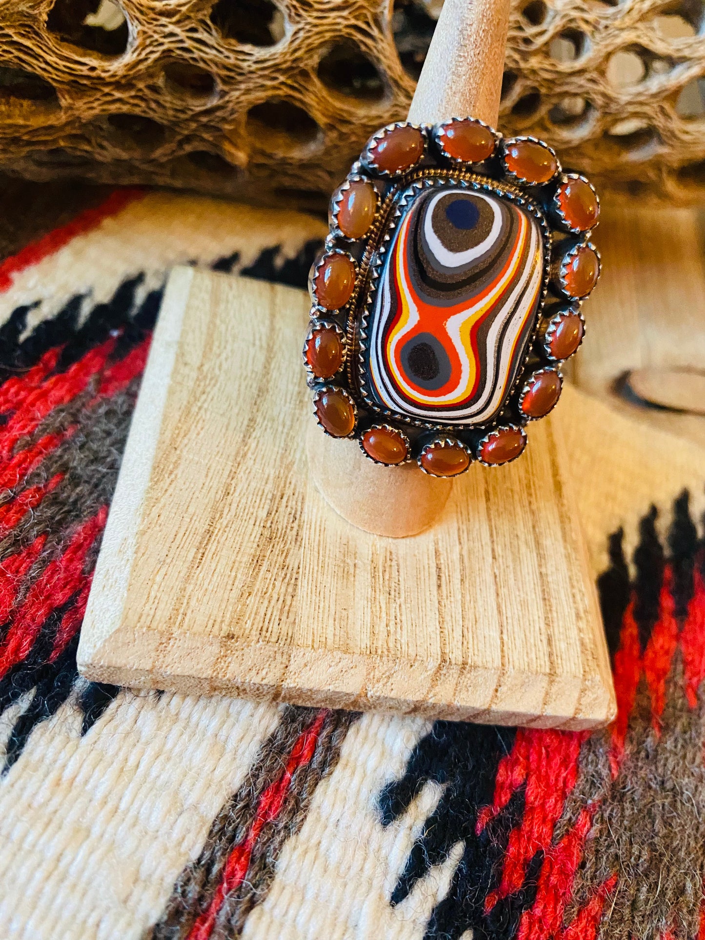 Handmade Sterling Silver, Fordite & Garnet Cluster Adjustable Ring