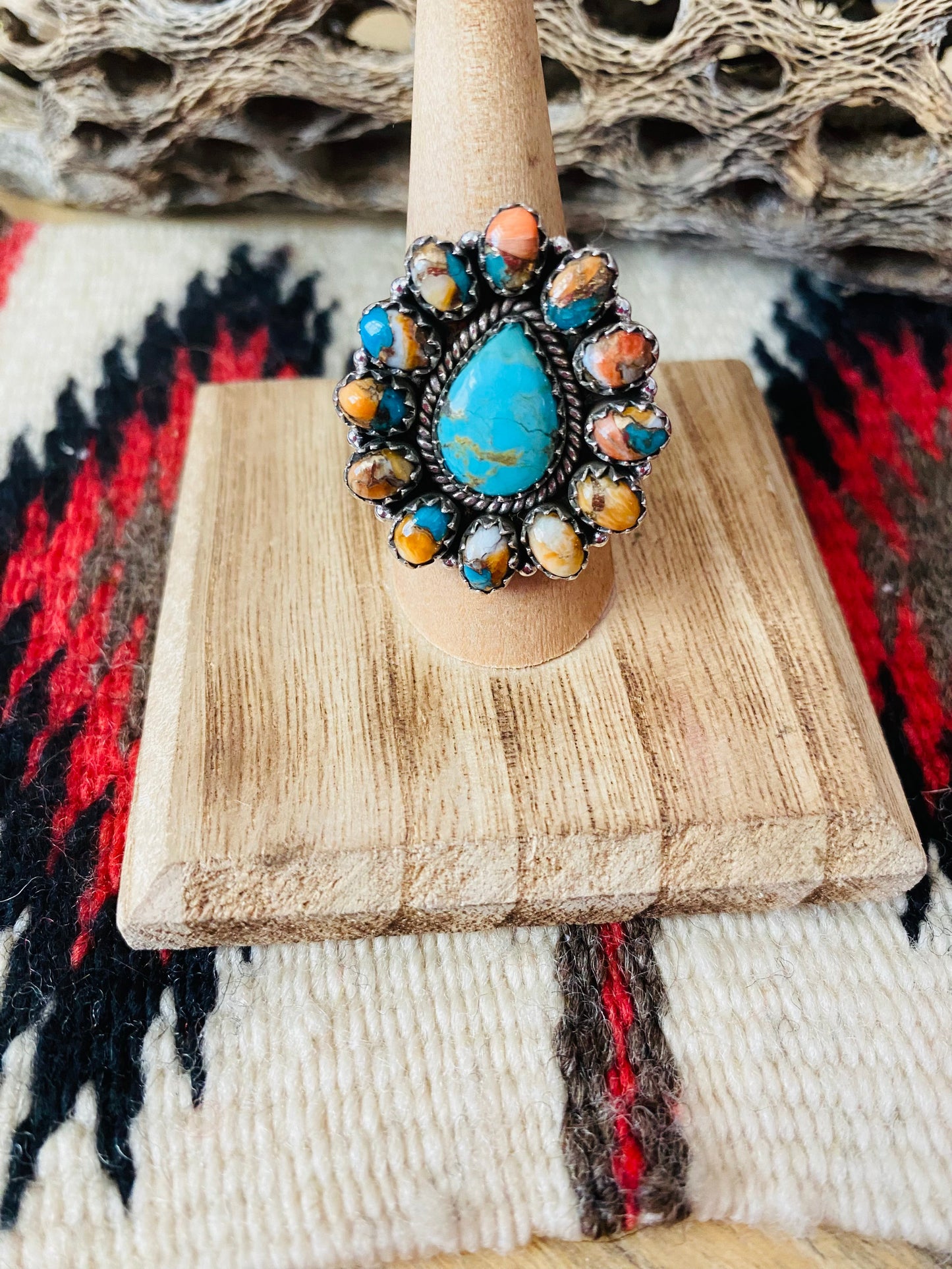 Handmade Sterling Silver, Spice & Turquoise Cluster Adjustable Ring