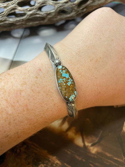 Navajo Hand Stamped Sterling Silver & Turquoise Cuff Bracelet Signed