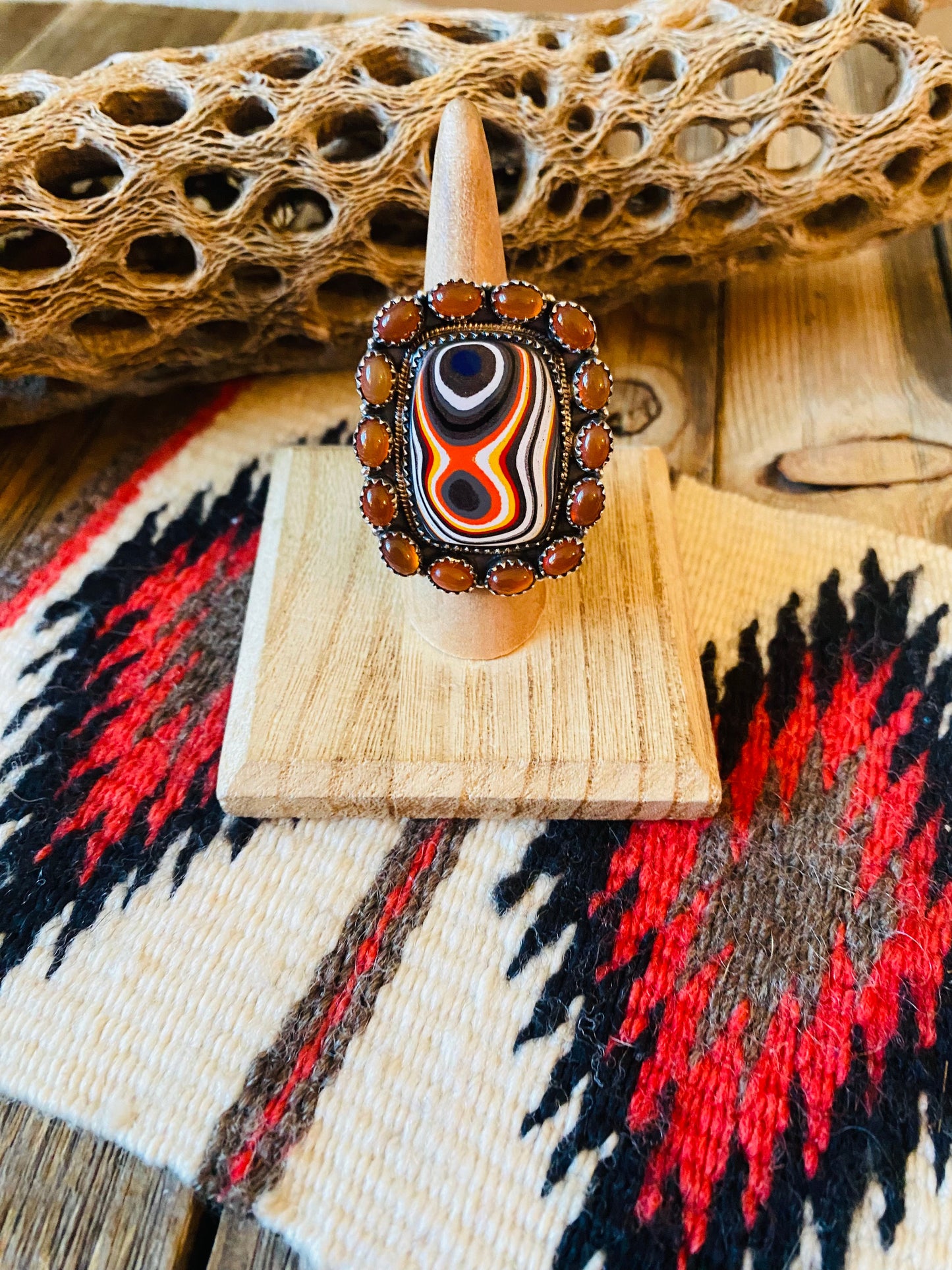 Handmade Sterling Silver, Fordite & Garnet Cluster Adjustable Ring