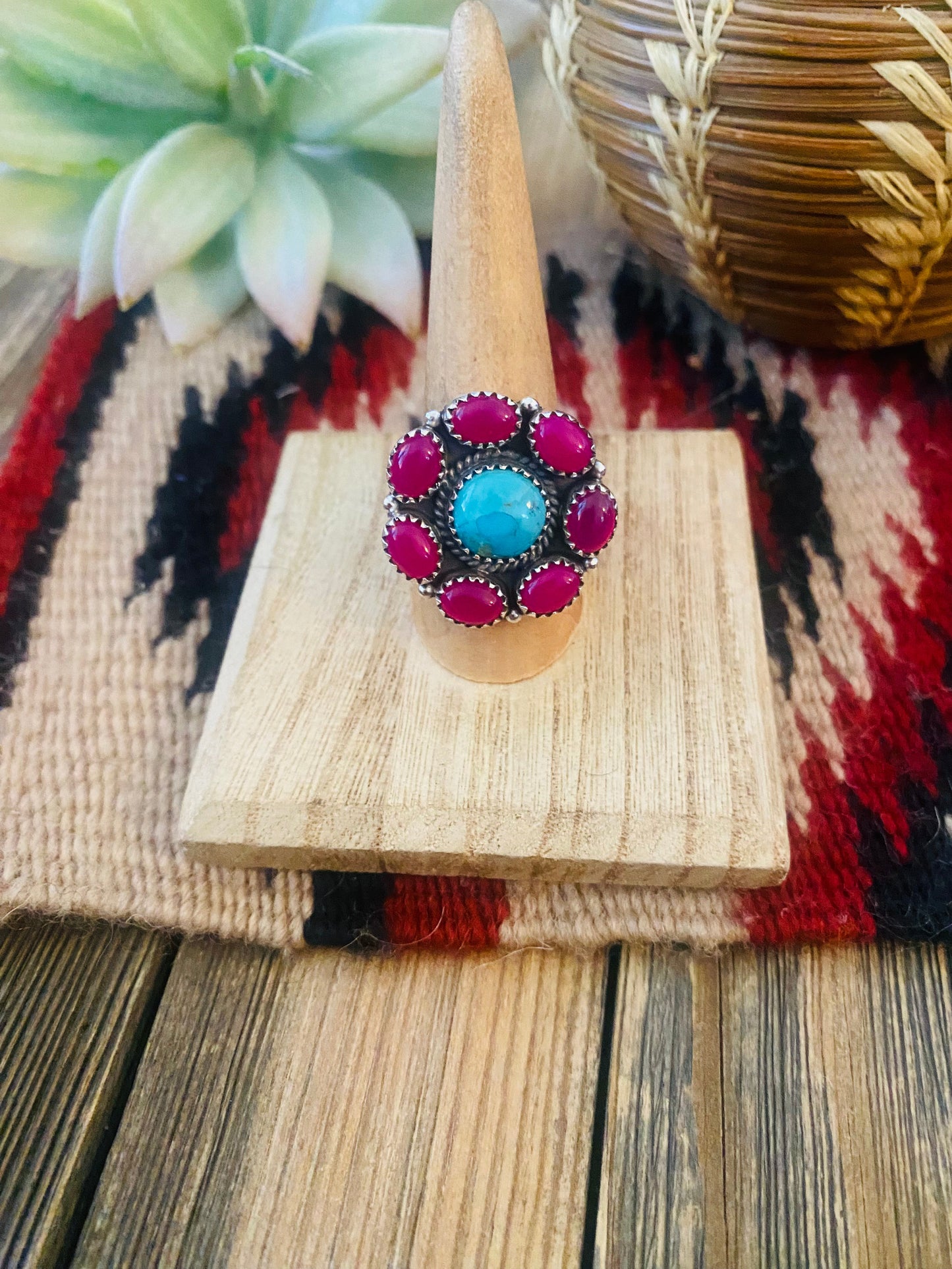 Handmade Sterling Silver, Pink Onyx & Turquoise Cluster Adjustable Ring