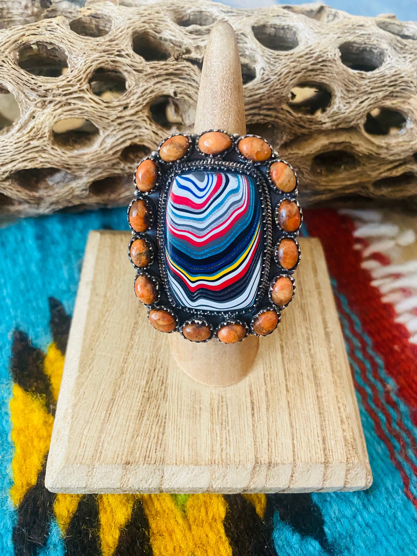 Handmade Sterling Silver, Fordite & Orange Mohave Cluster Adjustable Ring