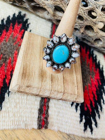 Handmade Sterling Silver, Wild Horse & Turquoise Cluster Adjustable Ring