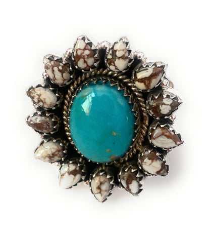 Handmade Sterling Silver, Wild Horse & Turquoise Cluster Adjustable Ring