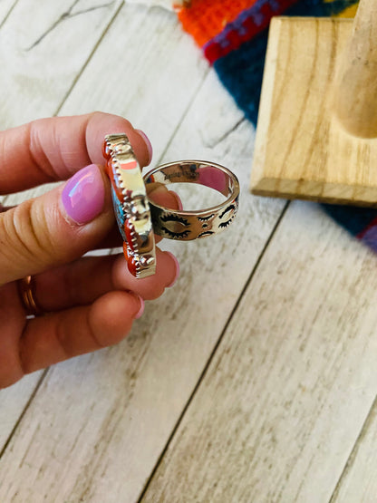 Handmade Sterling Silver, Coral & Number 8 Turquoise Cluster Adjustable Ring