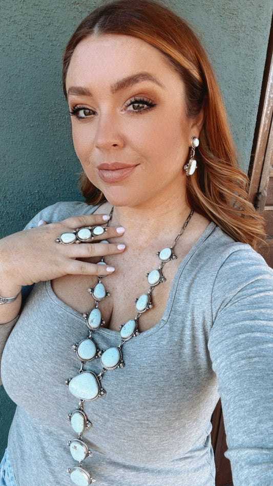 Larry Kaye Navajo Dry Creek Turquoise Drop Necklace, Earrings, Ring, Bracelet Set