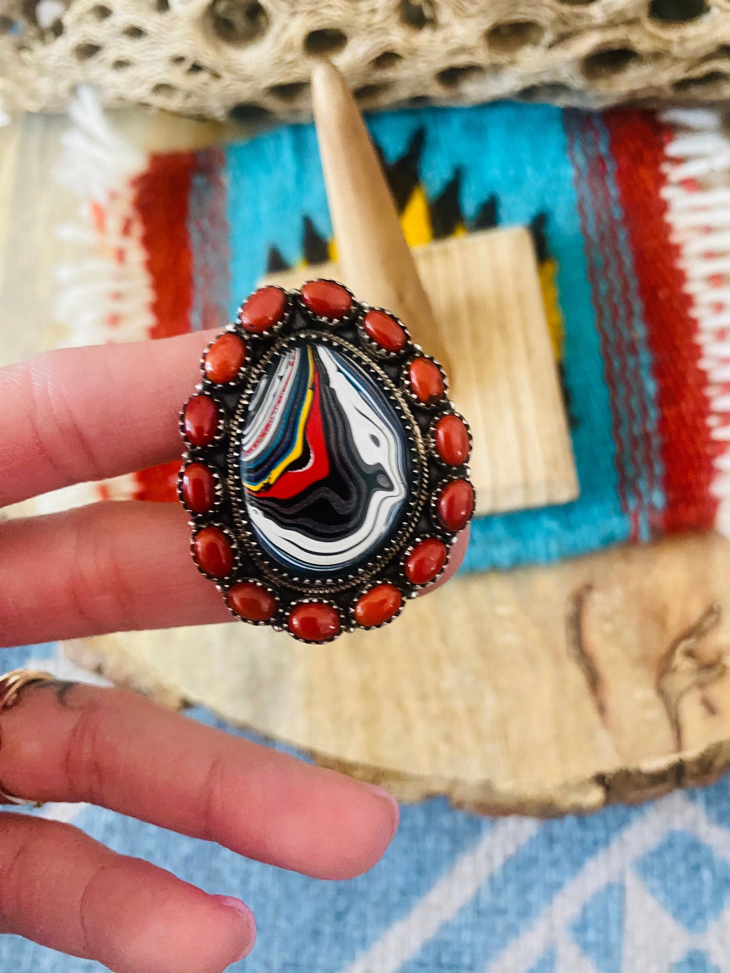 Handmade Sterling Silver, Fordite & Coral Cluster Adjustable Ring