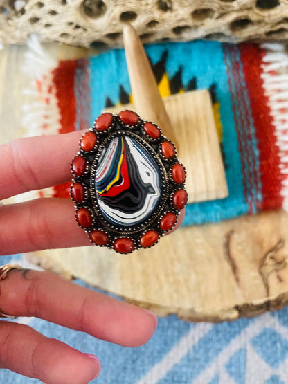 Handmade Sterling Silver, Fordite & Coral Cluster Adjustable Ring