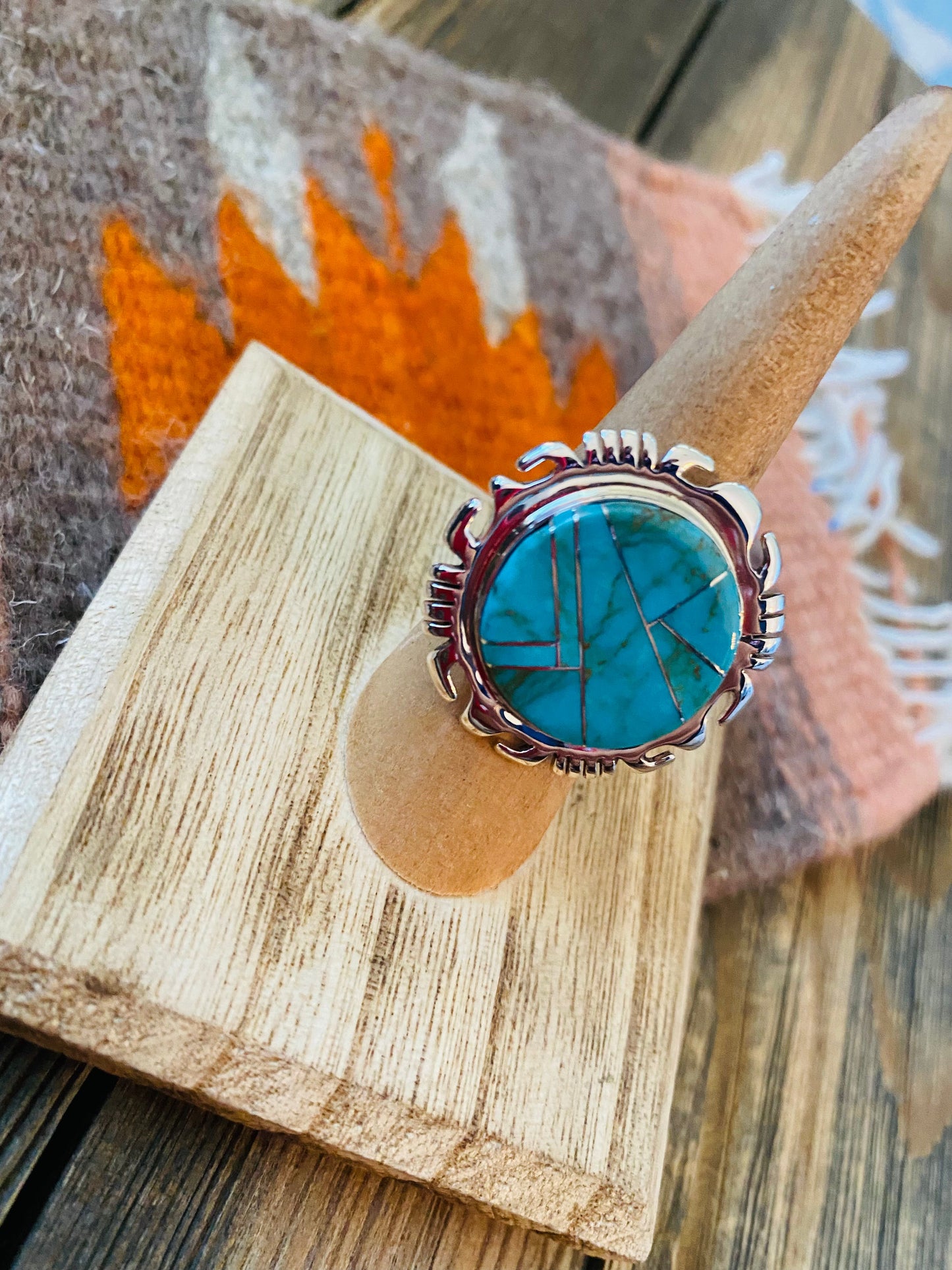 Navajo Sterling Silver & Turquoise Inlay Ring Size 6.5