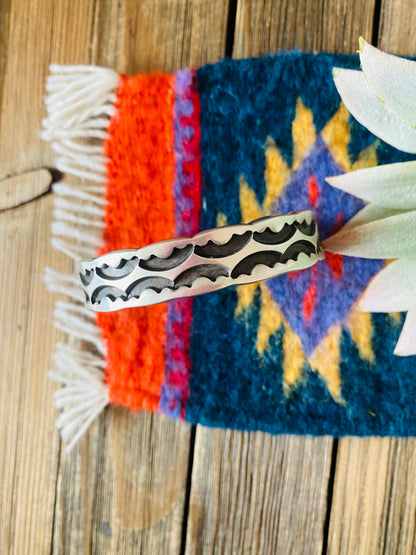 Navajo Old Pawn Hand Stamped Sterling Silver Cuff Bracelet by Nora Bill