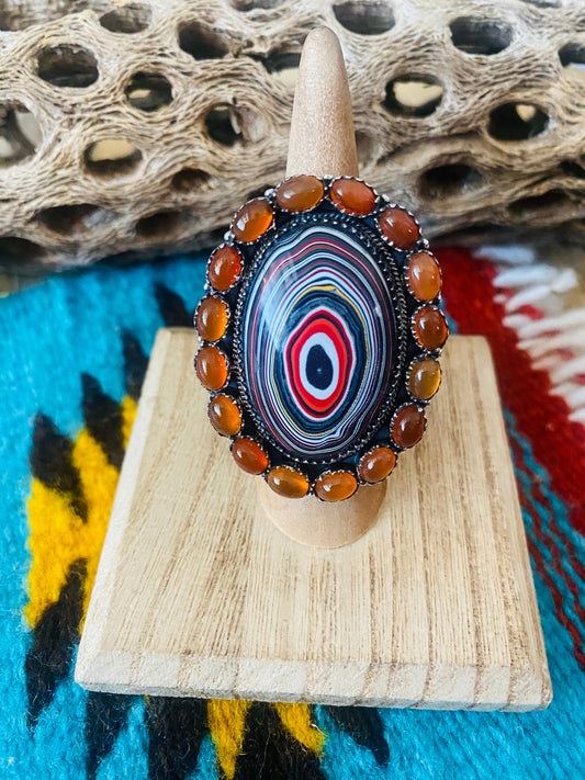 Handmade Sterling Silver, Fordite & Garnet Cluster Adjustable Ring