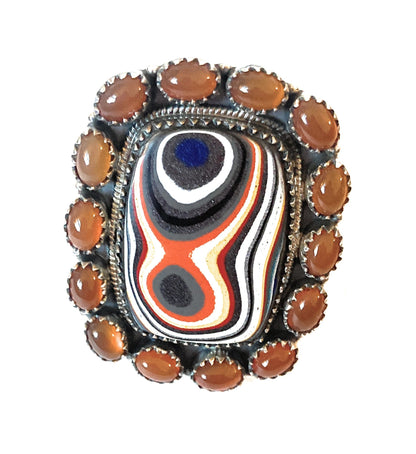 Handmade Sterling Silver, Fordite & Garnet Cluster Adjustable Ring