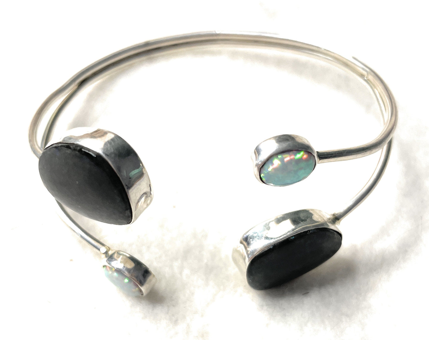 Navajo Black Onyx And Opal Sterling Silver Cuff Bracelet Signed