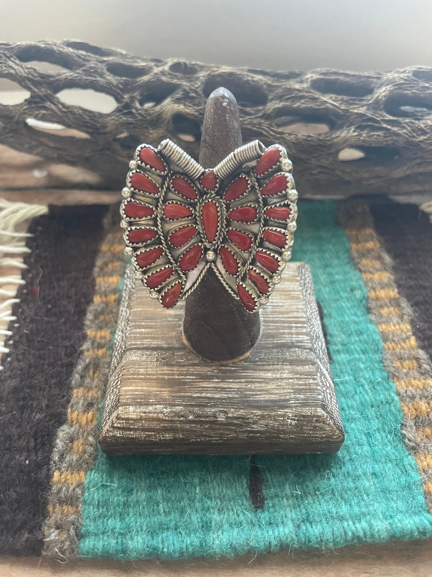 Navajo Coral And Sterling Silver Adjustable Butterfly Ring Signed