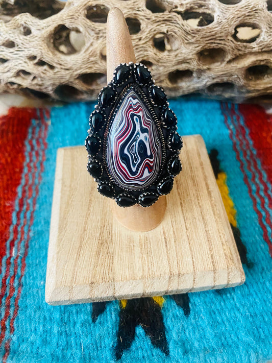 Handmade Sterling Silver, Fordite & Onyx Cluster Adjustable Ring