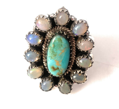 Handmade Sterling Silver, Turquoise & Opal Cluster Adjustable Ring