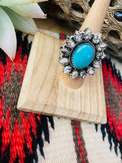 Handmade Sterling Silver, Wild Horse & Turquoise Cluster Adjustable Ring