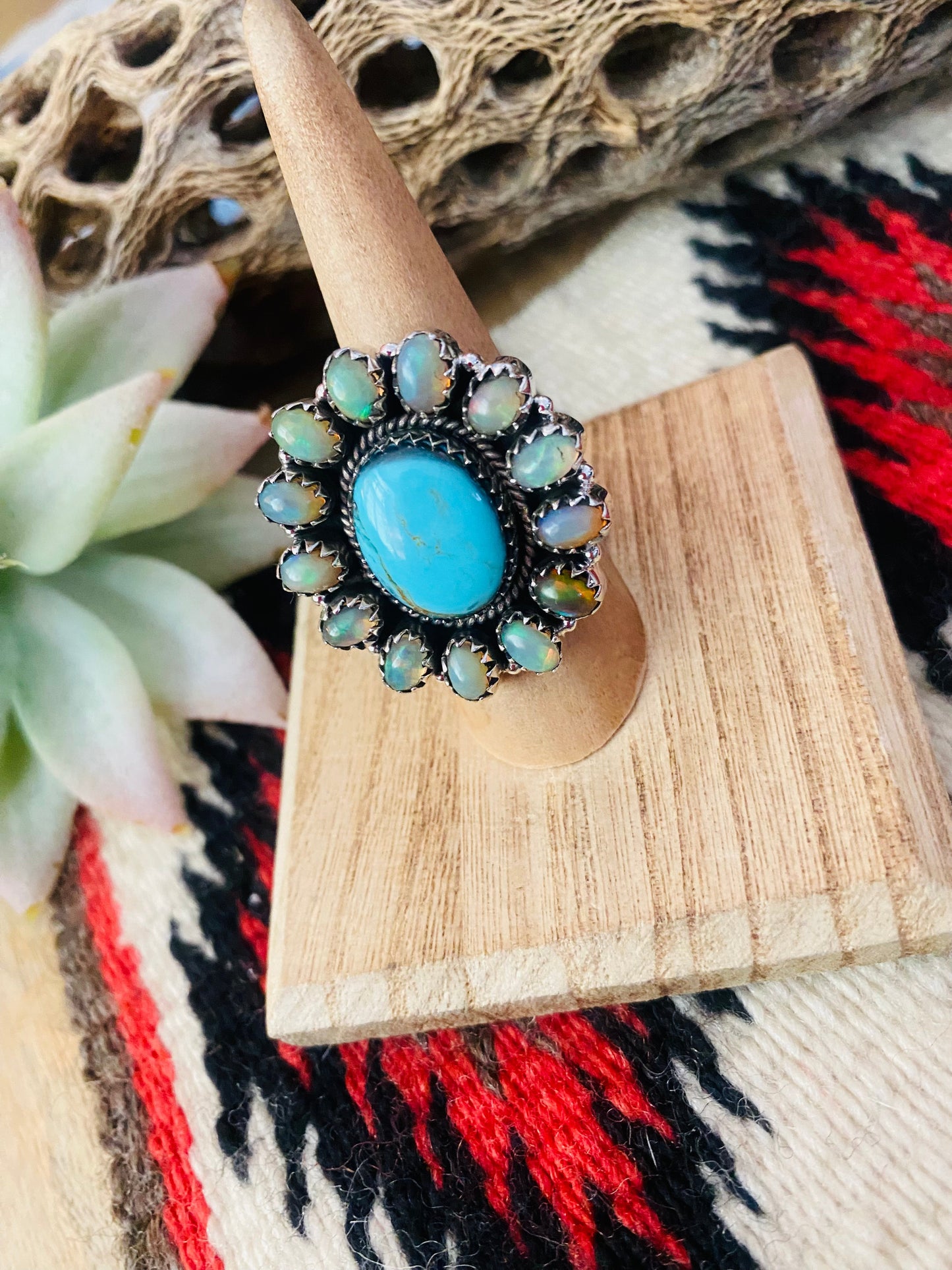 Handmade Sterling Silver, Turquoise & Opal Cluster Adjustable Ring