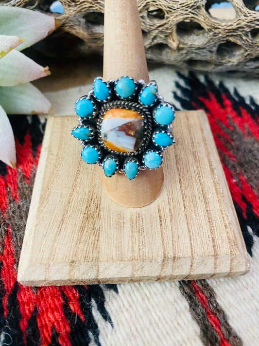 Handmade Sterling Silver, Spice & Turquoise Cluster Adjustable Ring