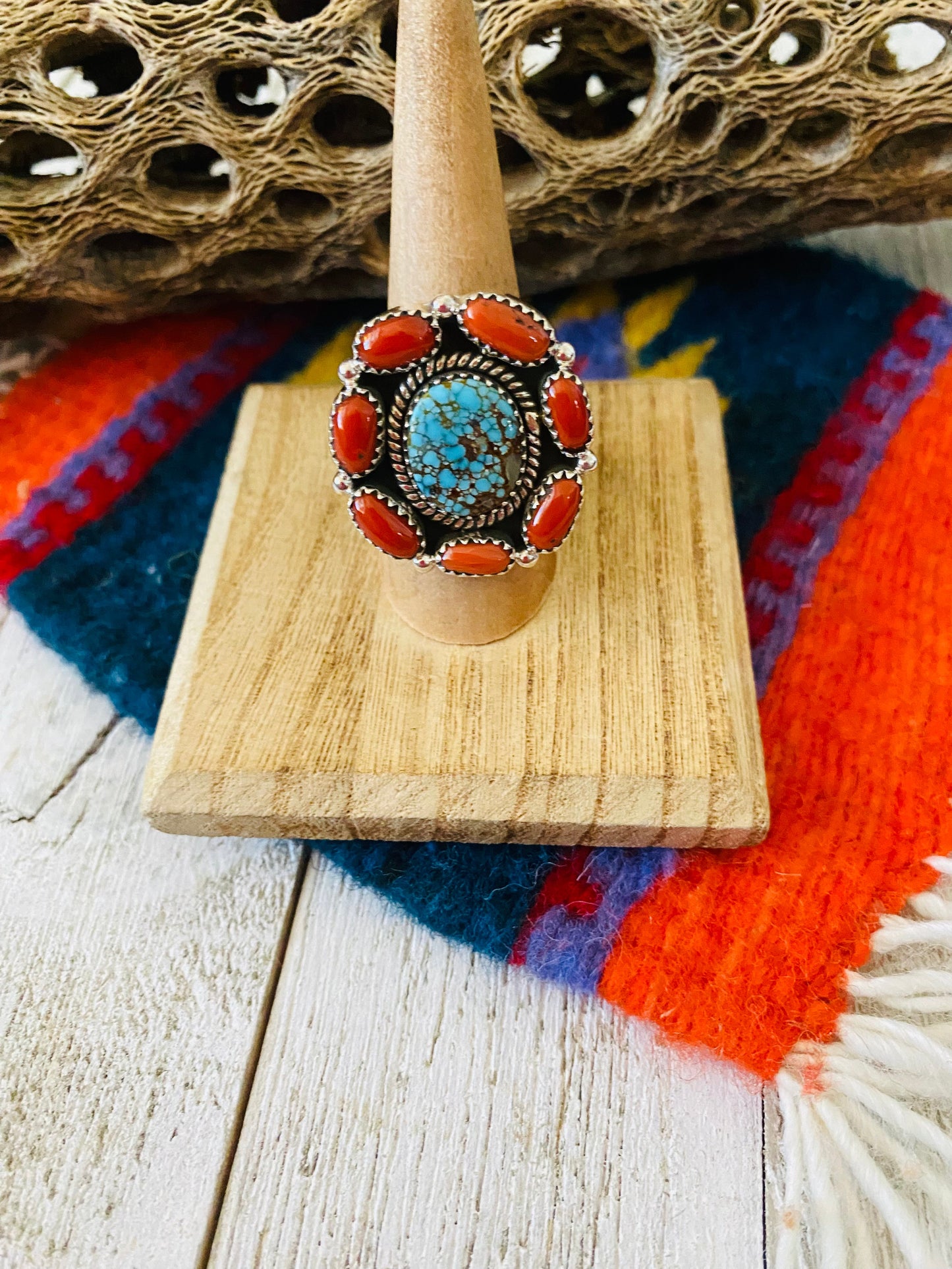 Handmade Sterling Silver, Coral & Number 8 Turquoise Cluster Adjustable Ring