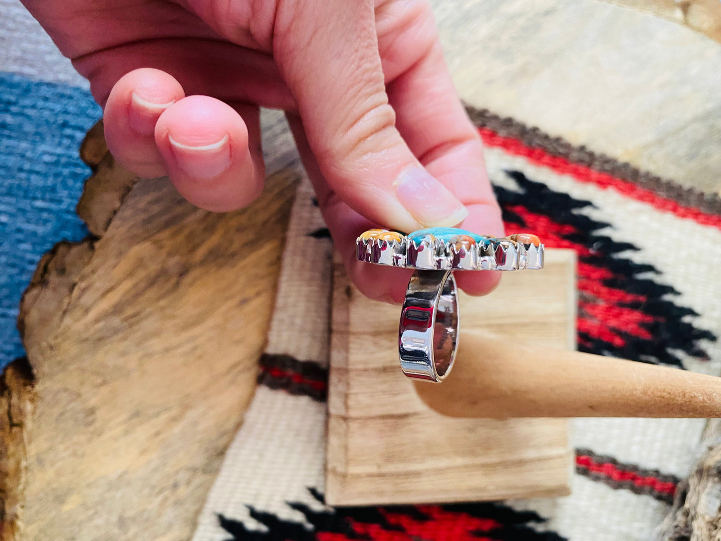 Handmade Sterling Silver, Spice & Turquoise Cluster Adjustable Ring