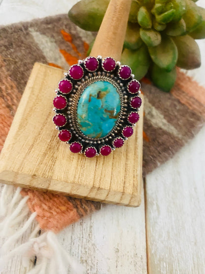 Handmade Sterling Silver, Pink Onyx & Turquoise Cluster Adjustable Ring