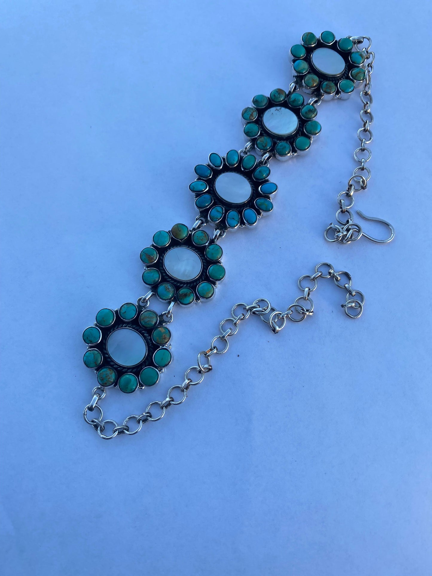 Handmade Sterling Silver Kingmam Turquoise & Mother of Pearl Choker