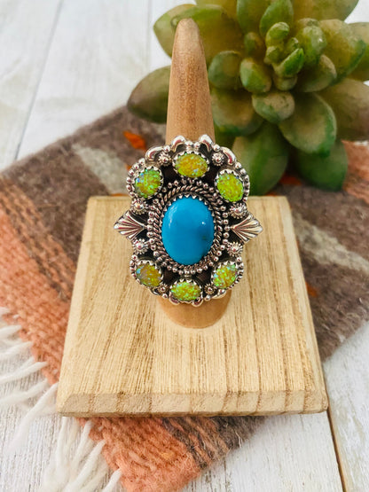 Handmade Sterling Silver, Turquoise & Opal Cluster Adjustable Ring