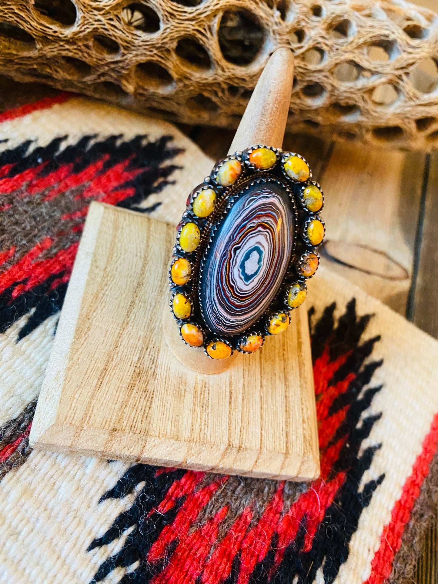 Handmade Sterling Silver, Fordite & Orange Mohave Cluster Adjustable Ring