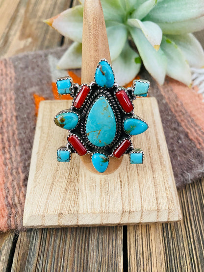 Handmade Sterling Silver, Turquoise & Coral Cluster Adjustable Ring