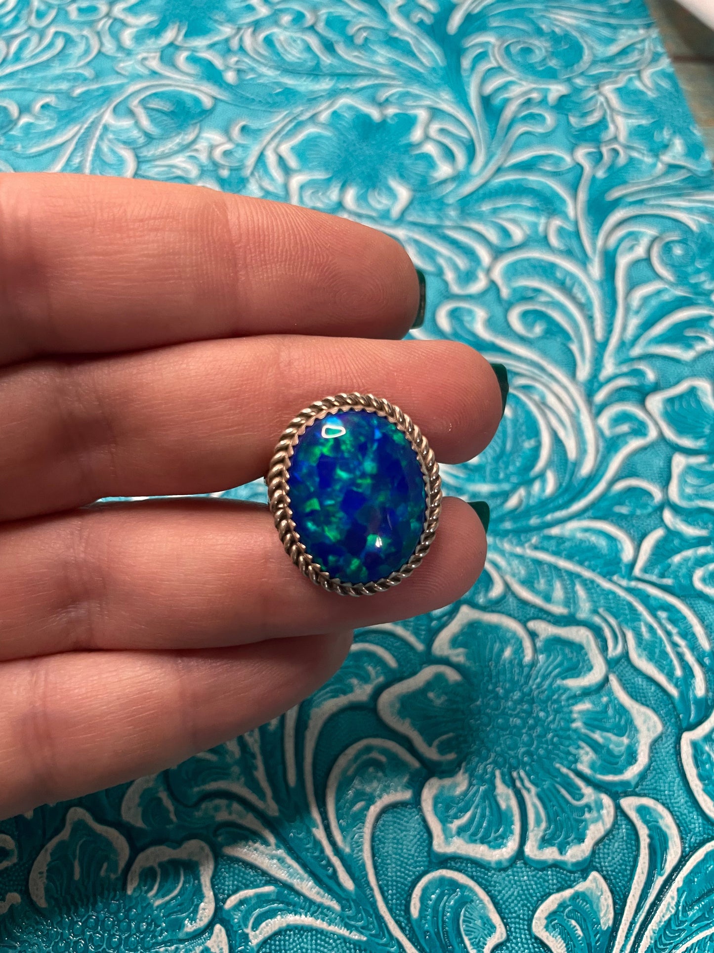 Navajo Man Made Sterling Silver & Blue Opal Ring Signed