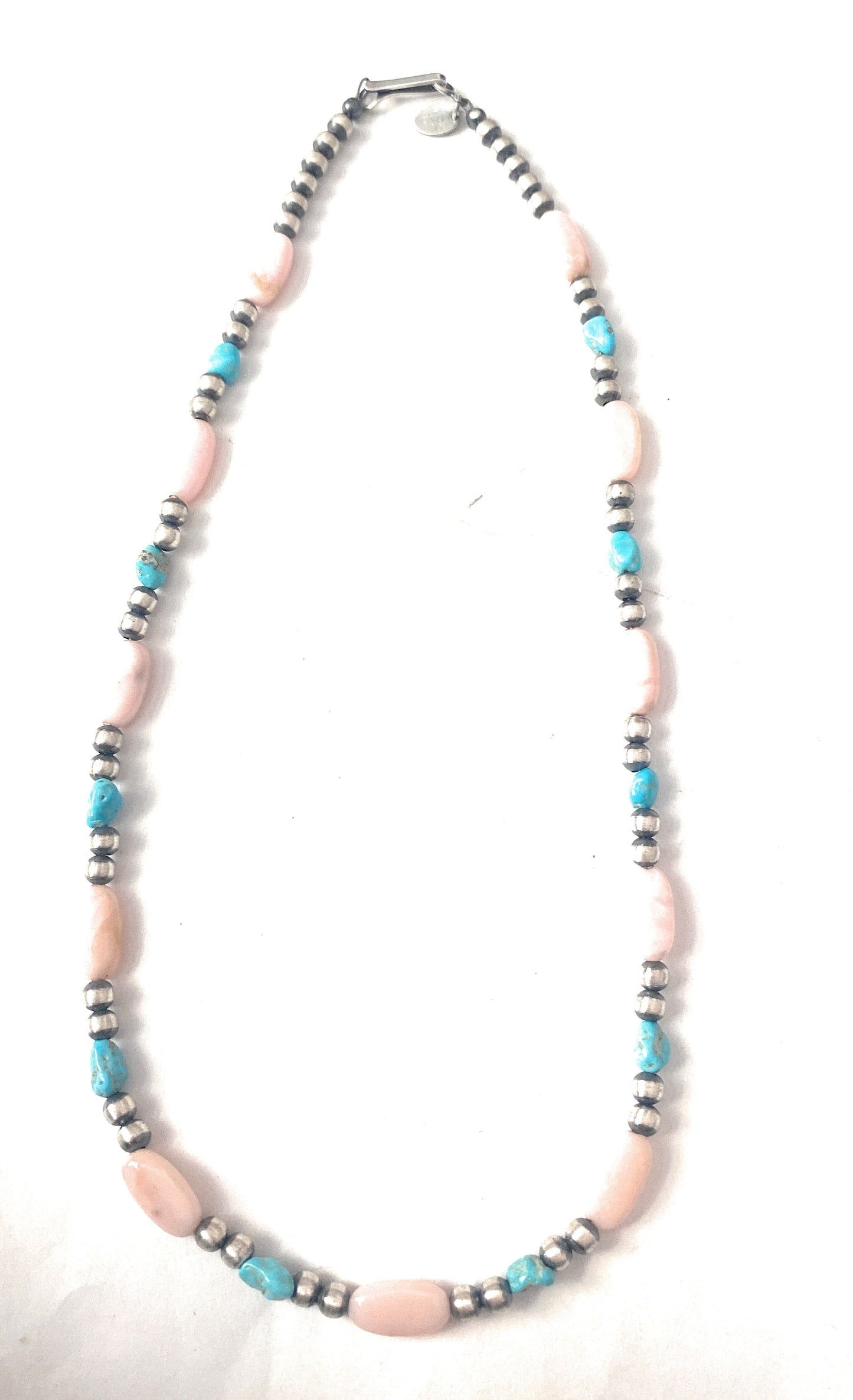 Navajo Sterling Silver Pearl, Turquoise & Queen Pink Conch Beaded Necklace 16”