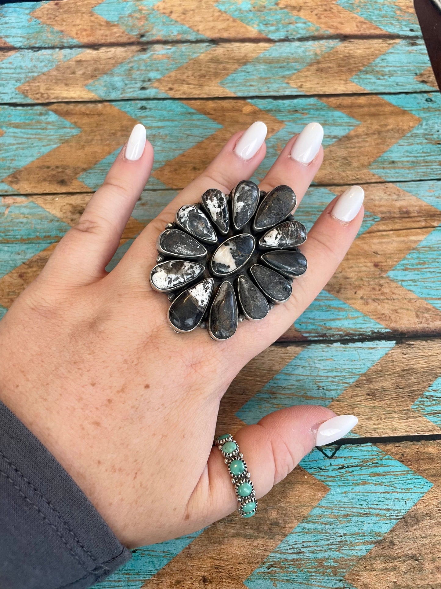 Navajo Sterling Silver And White Buffalo Cluster Adjustable Ring