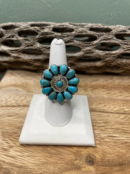 Navajo Turquoise And Sterling Silver Adjustable Flower Ring