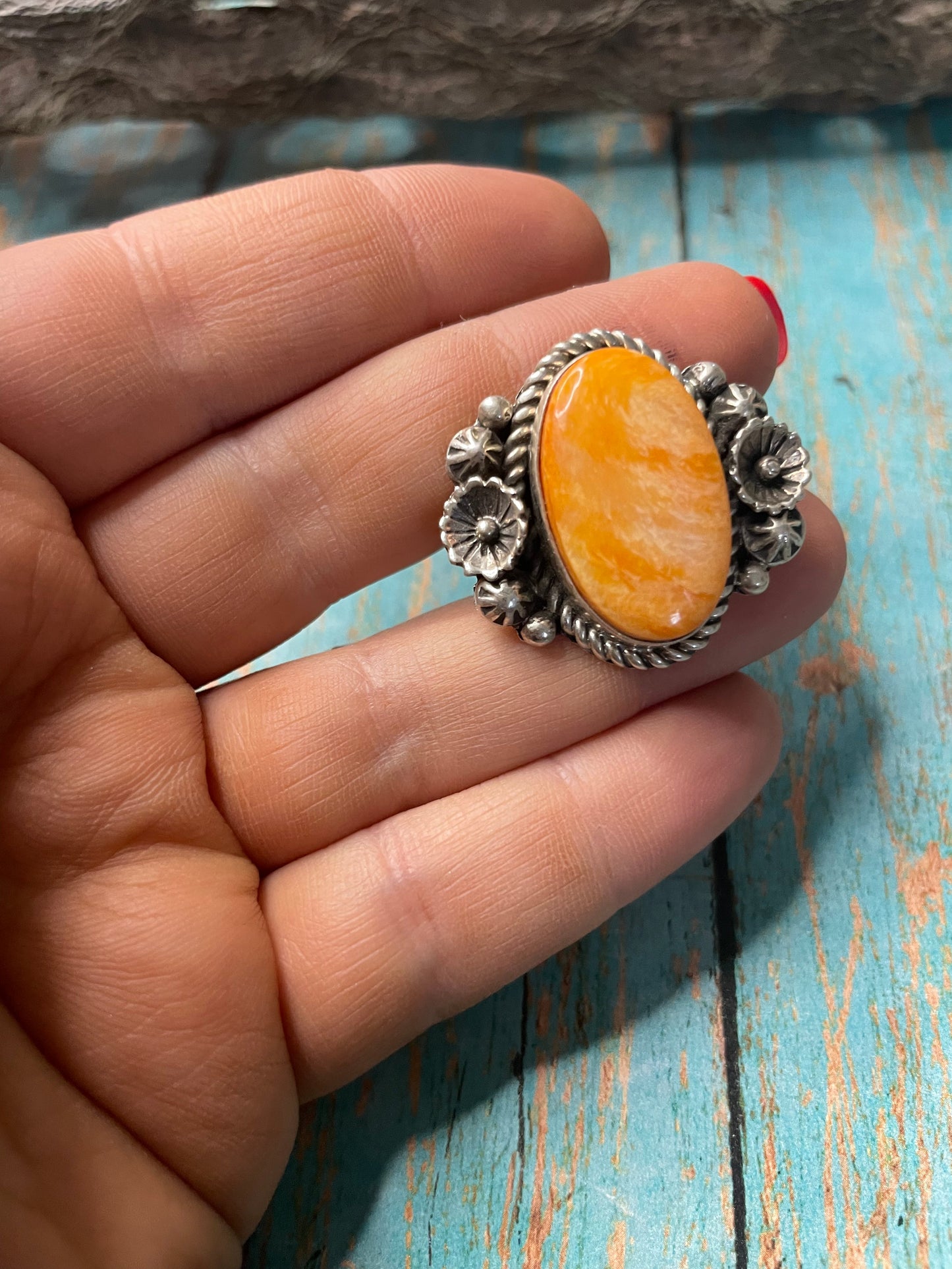 Old Pawn Navajo Sterling Silver & Orange Spiny Ring Size 8.5